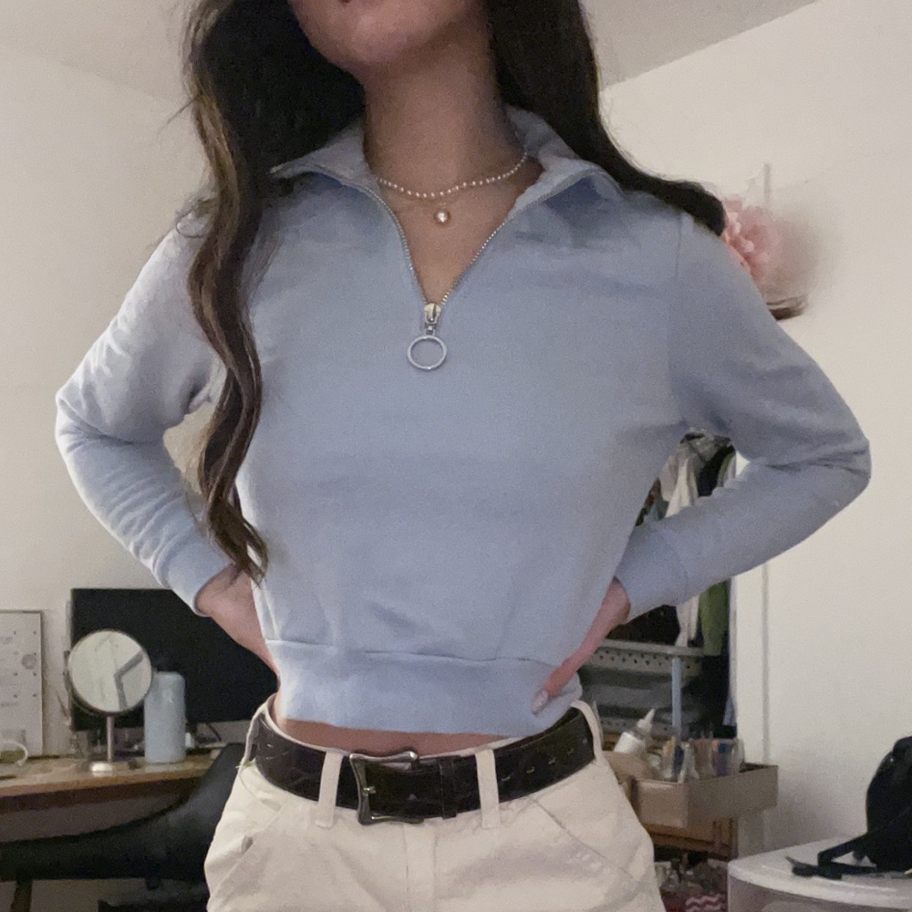 light blue cropped quarter zip sweater